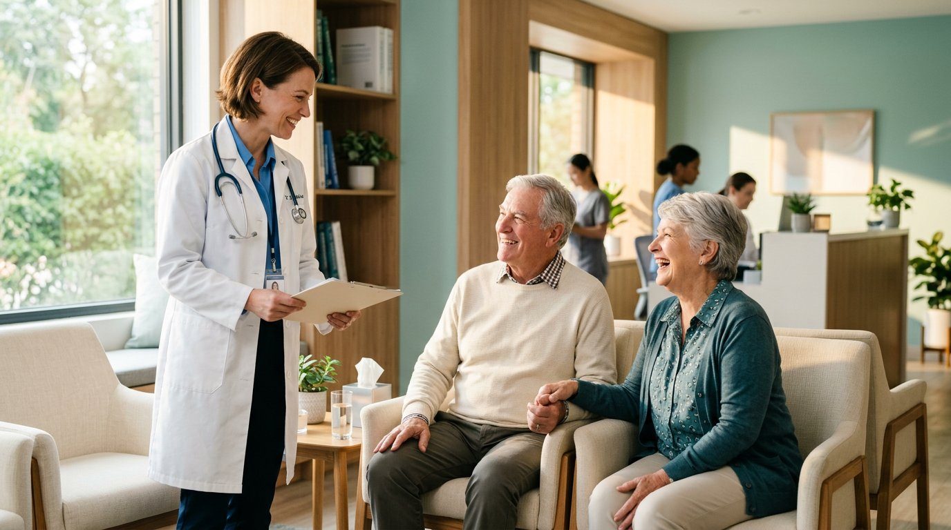 Caring doctor with smiling patients at Health Vital Therapy